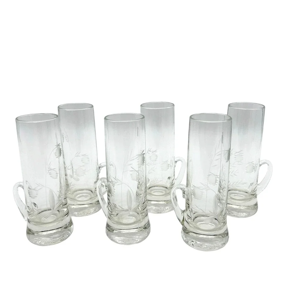 Vintage‎ Etched Crystal Cordial Glasses - Set of 6 Thistle & Wheat Liqueur Cups